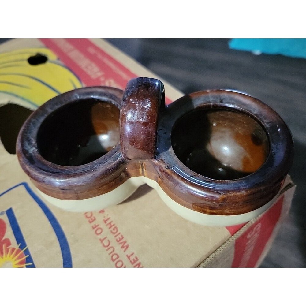 2 Tone Brown Beige Pottery Double Condiment Dish Vintage 6x3in Grannycore